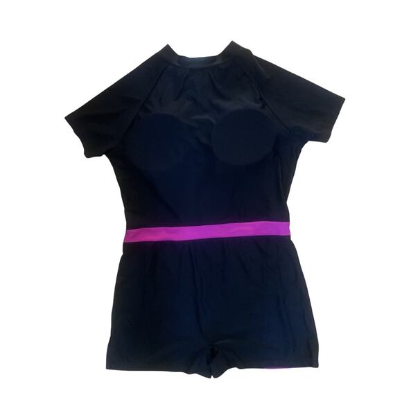 NWT IEFIEL BLACK/PINK RASH GUARD SHORT SLEEVE ZIP ONE PIECE SWIMSUIT/WETSUIT XXL - Picture 9 of 10